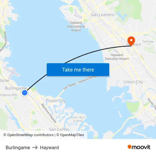 Burlingame to Hayward map