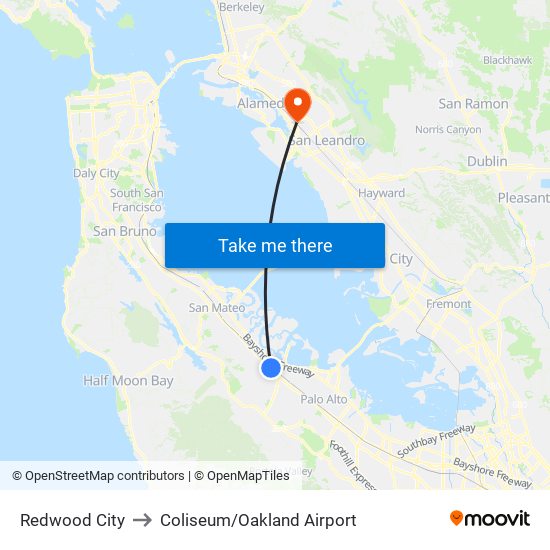 Redwood City to Coliseum/Oakland Airport map