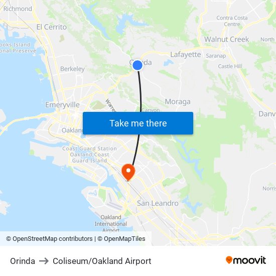 Orinda to Coliseum/Oakland Airport map