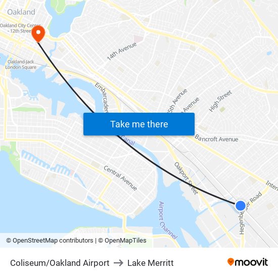 Coliseum/Oakland Airport to Lake Merritt map