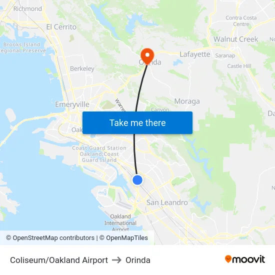 Coliseum/Oakland Airport to Orinda map