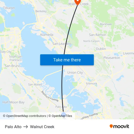 Palo Alto to Walnut Creek map