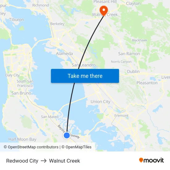 Redwood City to Walnut Creek map
