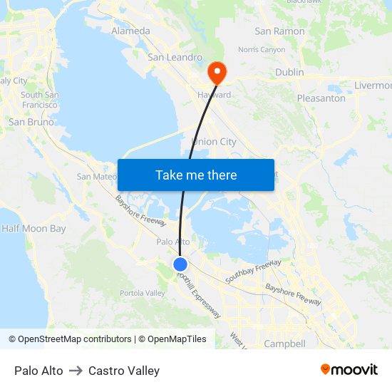 Palo Alto to Castro Valley map