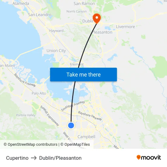 Cupertino to Dublin/Pleasanton map