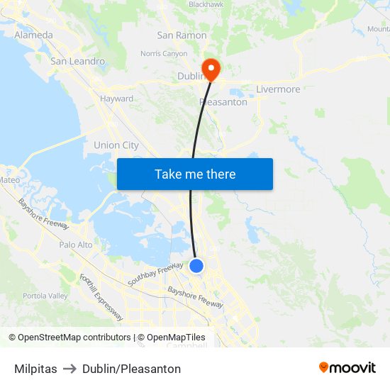 Milpitas to Dublin/Pleasanton map