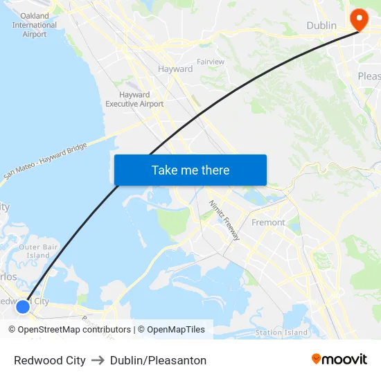 Redwood City to Dublin/Pleasanton map