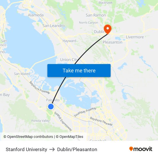 Stanford University to Dublin/Pleasanton map