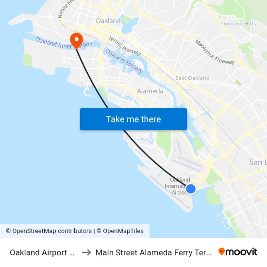 Oakland Airport OAK to Main Street Alameda Ferry Terminal map
