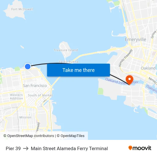 Pier 39 to Main Street Alameda Ferry Terminal map