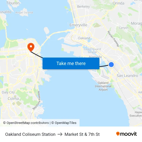 Oakland Coliseum Station to Market St & 7th St map