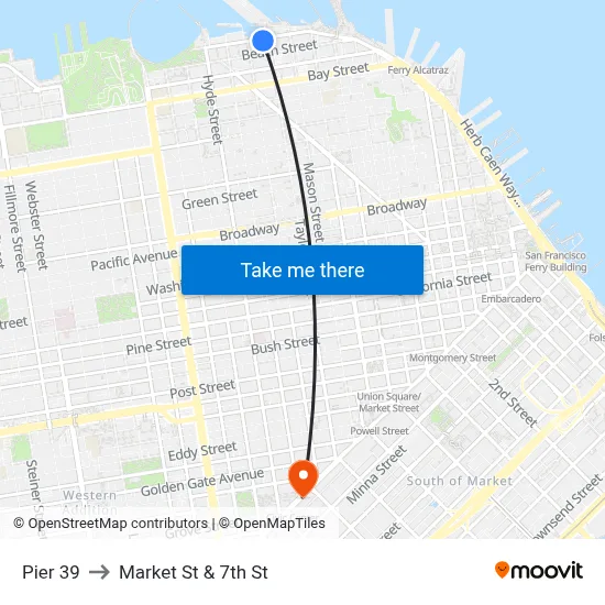 Pier 39 to Market St & 7th St map