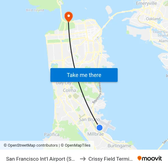 San Francisco Int'l Airport (SFO) to Crissy Field Terminal map