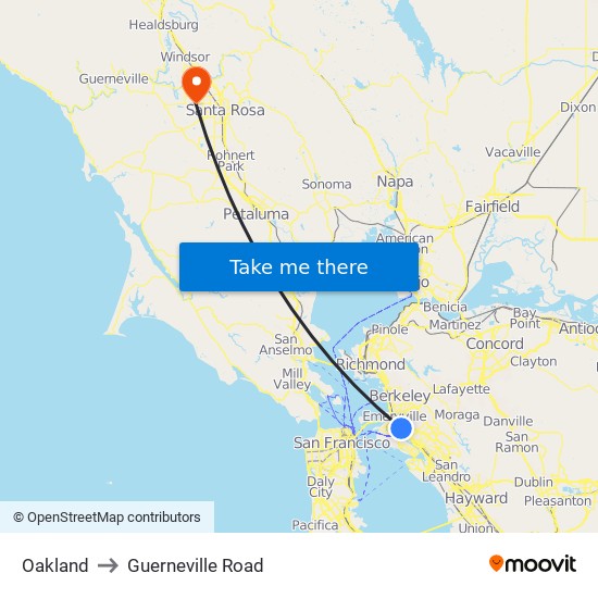 Oakland to Guerneville Road map