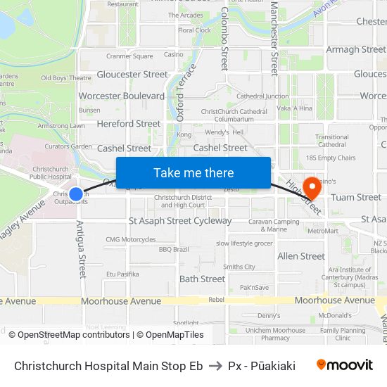 Christchurch Hospital Main Stop Eb to Px - Pūakiaki map