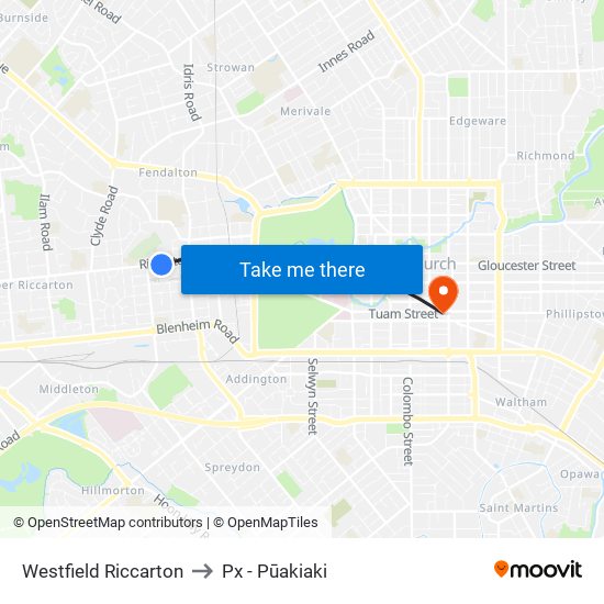 Westfield Riccarton to Px - Pūakiaki map