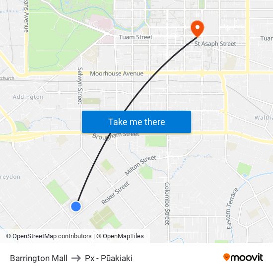 Barrington Mall to Px - Pūakiaki map