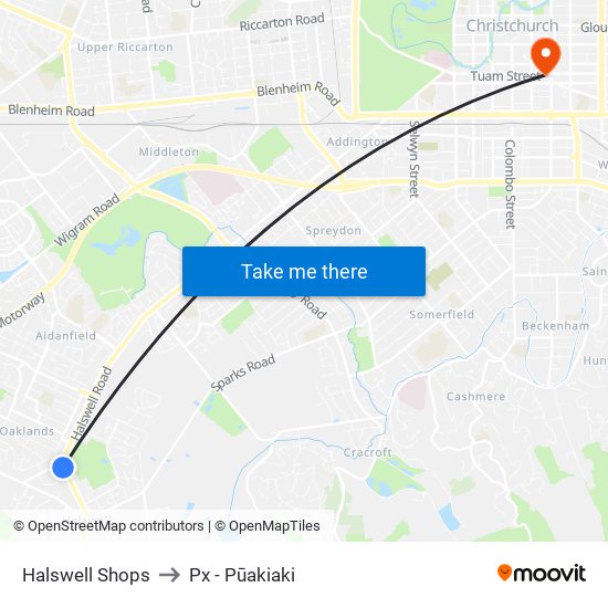 Halswell Shops to Px - Pūakiaki map