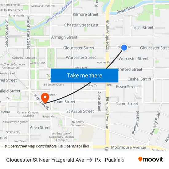 Gloucester St Near Fitzgerald Ave to Px - Pūakiaki map