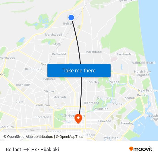 Belfast to Px - Pūakiaki map