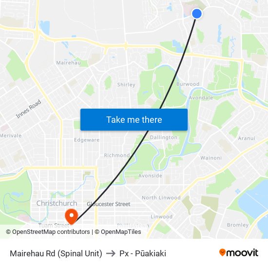 Mairehau Rd (Spinal Unit) to Px - Pūakiaki map