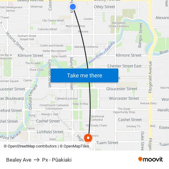 Bealey Ave to Px - Pūakiaki map