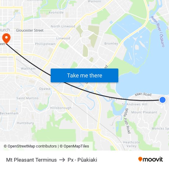 Mt Pleasant Terminus to Px - Pūakiaki map