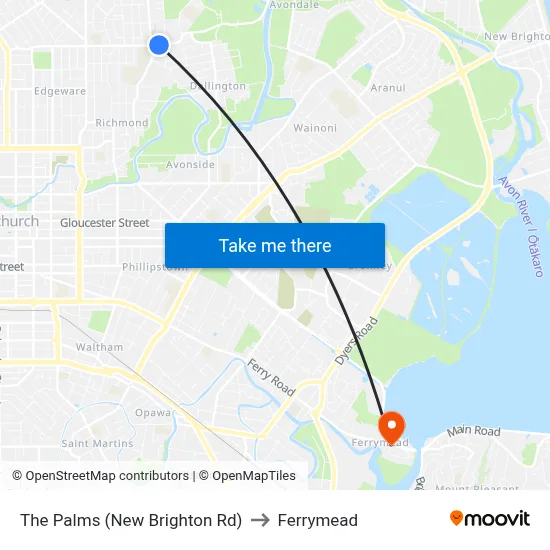 The Palms (New Brighton Rd) to Ferrymead map