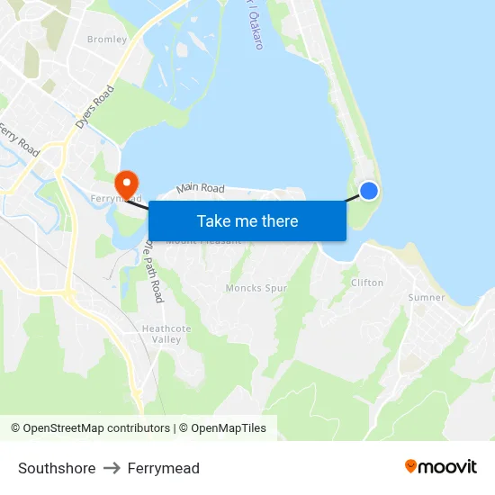 Southshore to Ferrymead map