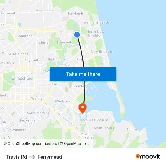 Travis Rd to Ferrymead map