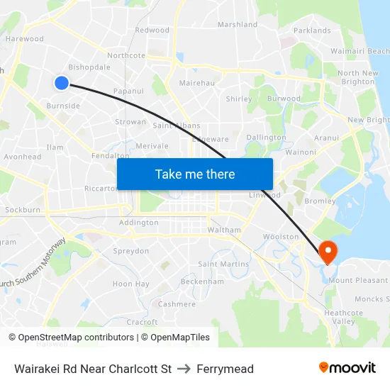 Wairakei Rd Near Charlcott St to Ferrymead map