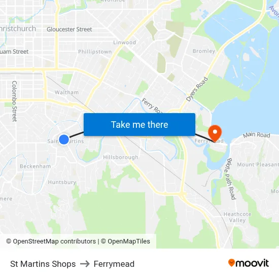 St Martins Shops to Ferrymead map