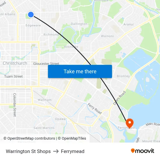 Warrington St Shops to Ferrymead map