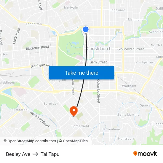 Bealey Ave to Tai Tapu map
