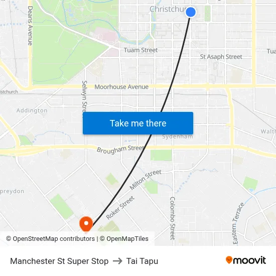 Manchester St Super Stop to Tai Tapu map