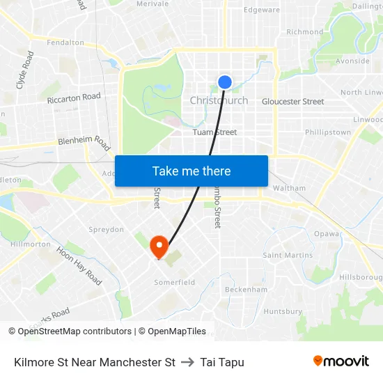 Kilmore St Near Manchester St to Tai Tapu map