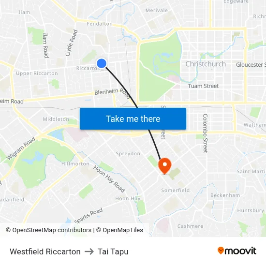 Westfield Riccarton to Tai Tapu map