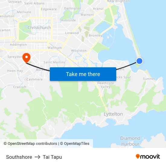 Southshore to Tai Tapu map