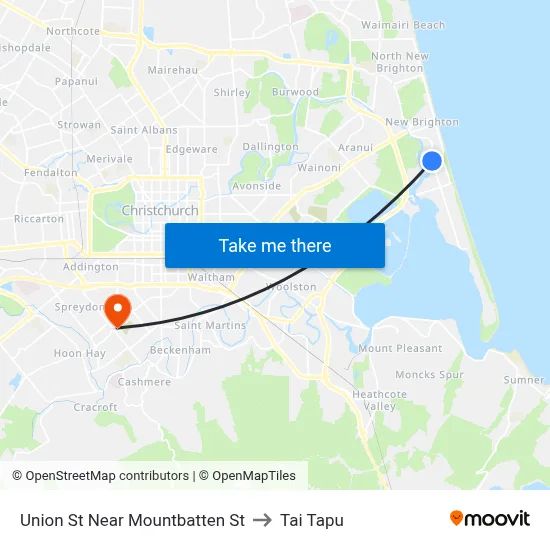 Union St Near Mountbatten St to Tai Tapu map