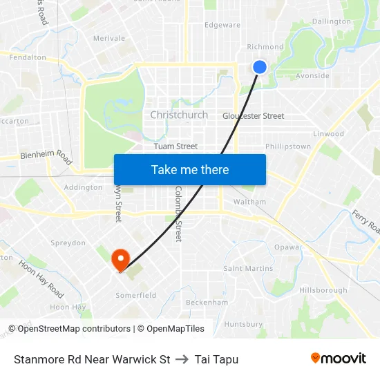 Stanmore Rd Near Warwick St to Tai Tapu map