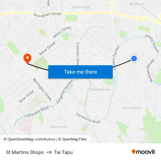 St Martins Shops to Tai Tapu map