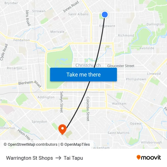 Warrington St Shops to Tai Tapu map