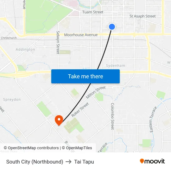 South City (Northbound) to Tai Tapu map