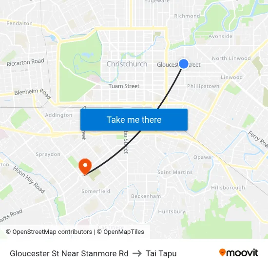 Gloucester St Near Stanmore Rd to Tai Tapu map