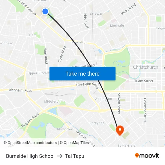 Burnside High School to Tai Tapu map