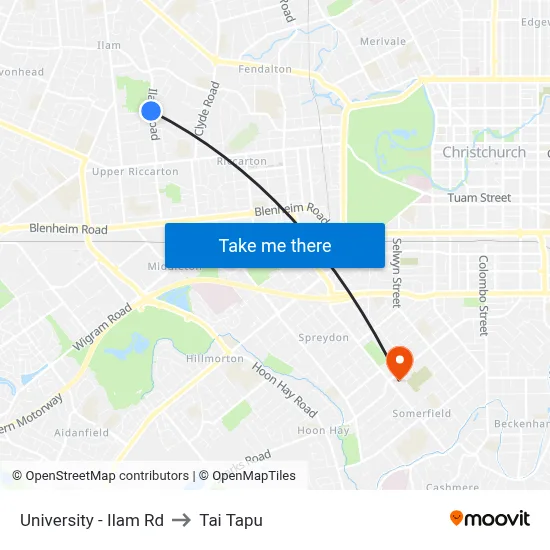 University - Ilam Rd to Tai Tapu map