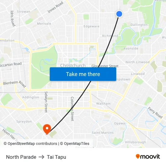 North Parade to Tai Tapu map