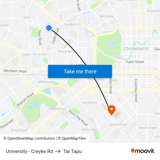 University - Creyke Rd to Tai Tapu map