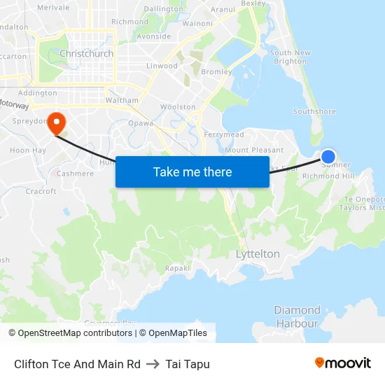 Clifton Tce And Main Rd to Tai Tapu map