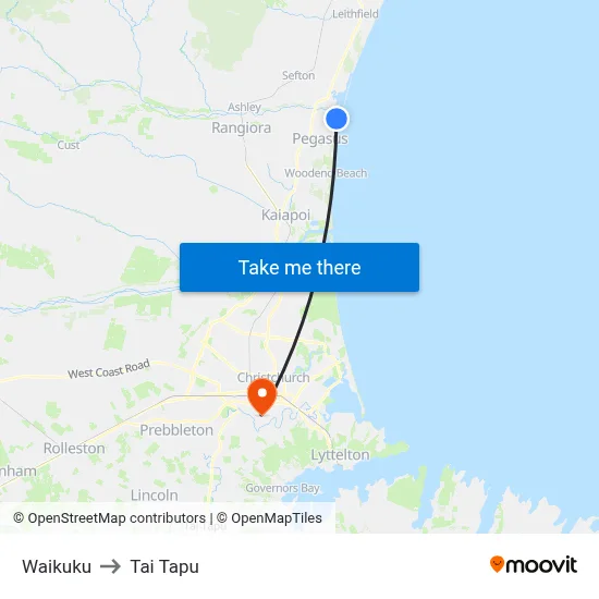 Waikuku to Tai Tapu map